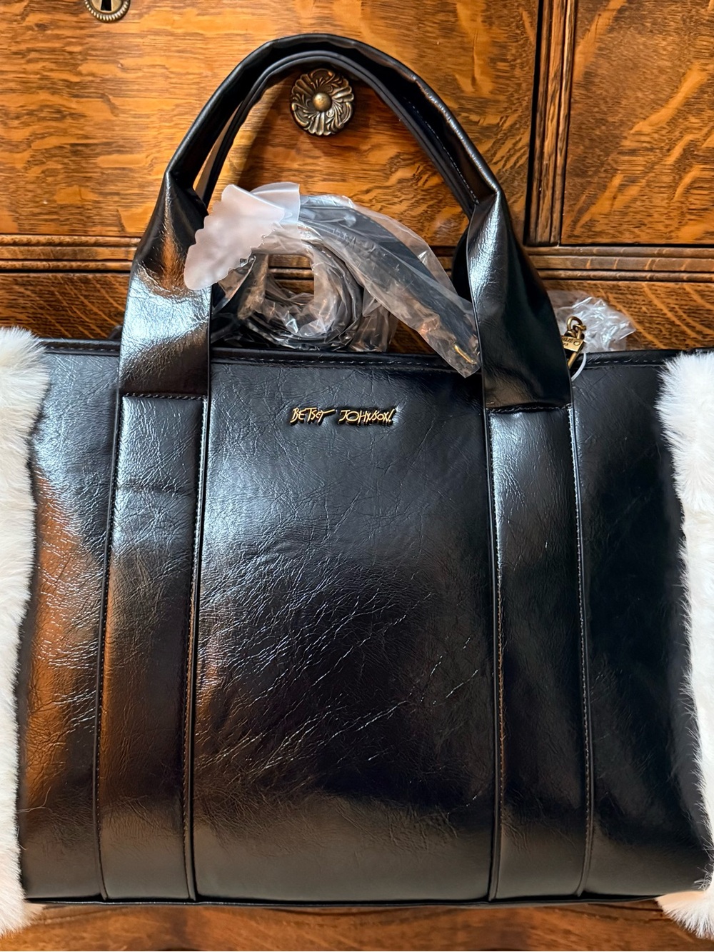 Betsey Johnson Black Faux Leather Tote with Gold Logo Detail